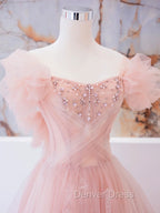 Pink Tulle Lace Beads Long Prom Dresses, Pink A Line Evening Dresses