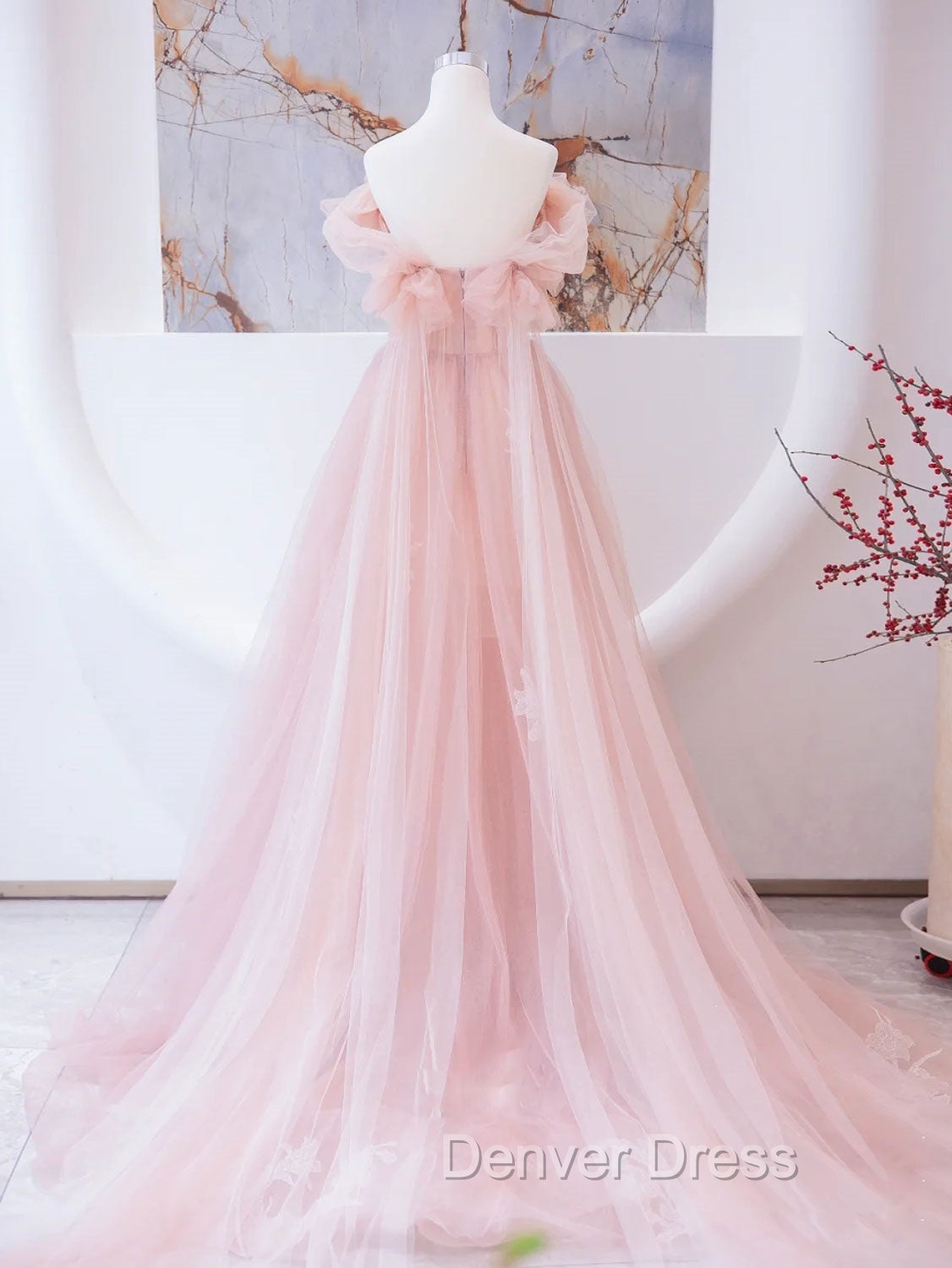 Pink Tulle Lace Beads Long Prom Dresses, Pink A Line Evening Dresses
