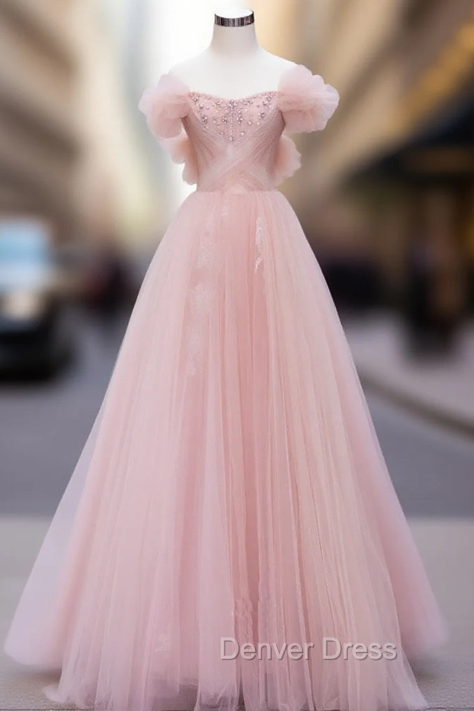Pink Tulle Lace Beads Long Prom Dresses, Pink A Line Evening Dresses Main image