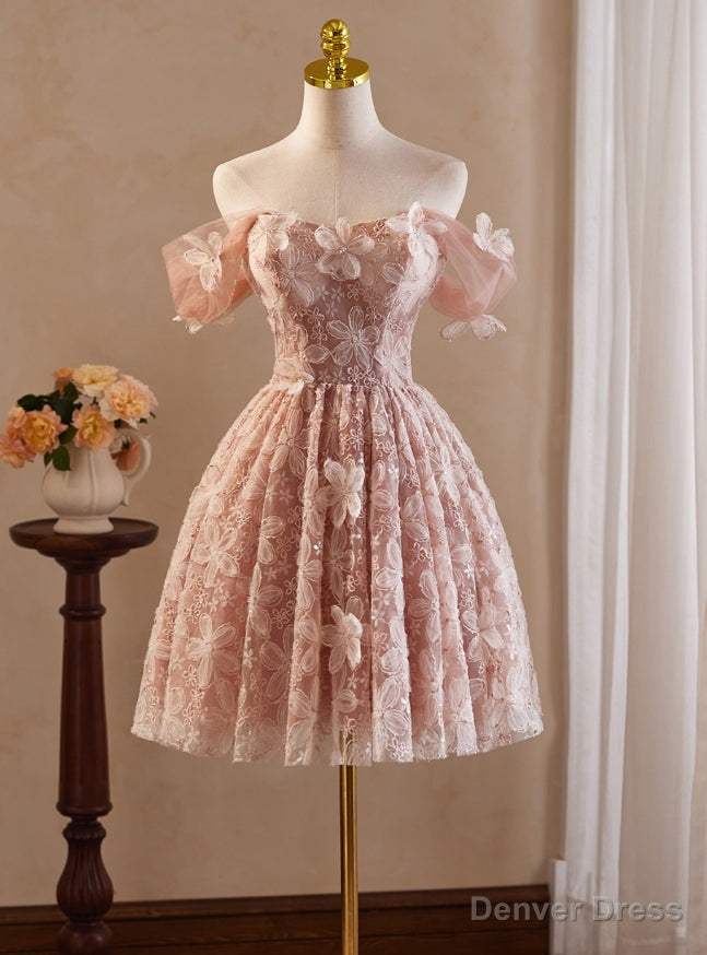 Pink Tulle Lace Flower Homecoming Dresses Main image