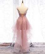 Pink Tulle Lace High Low Prom Dress, Pink Homecoming Dresses