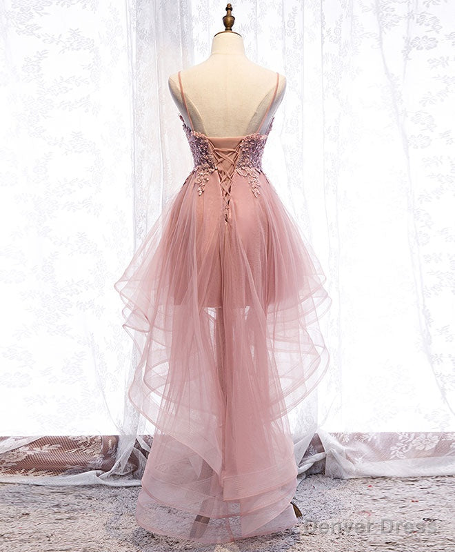 Pink Tulle Lace High Low Prom Dress, Pink Homecoming Dresses