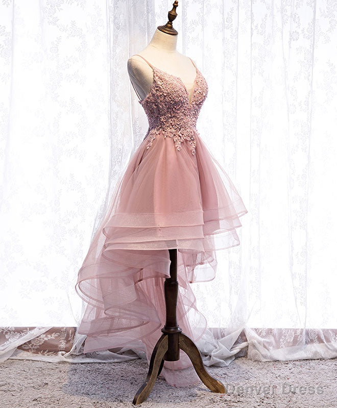 Pink Tulle Lace High Low Prom Dress, Pink Homecoming Dresses