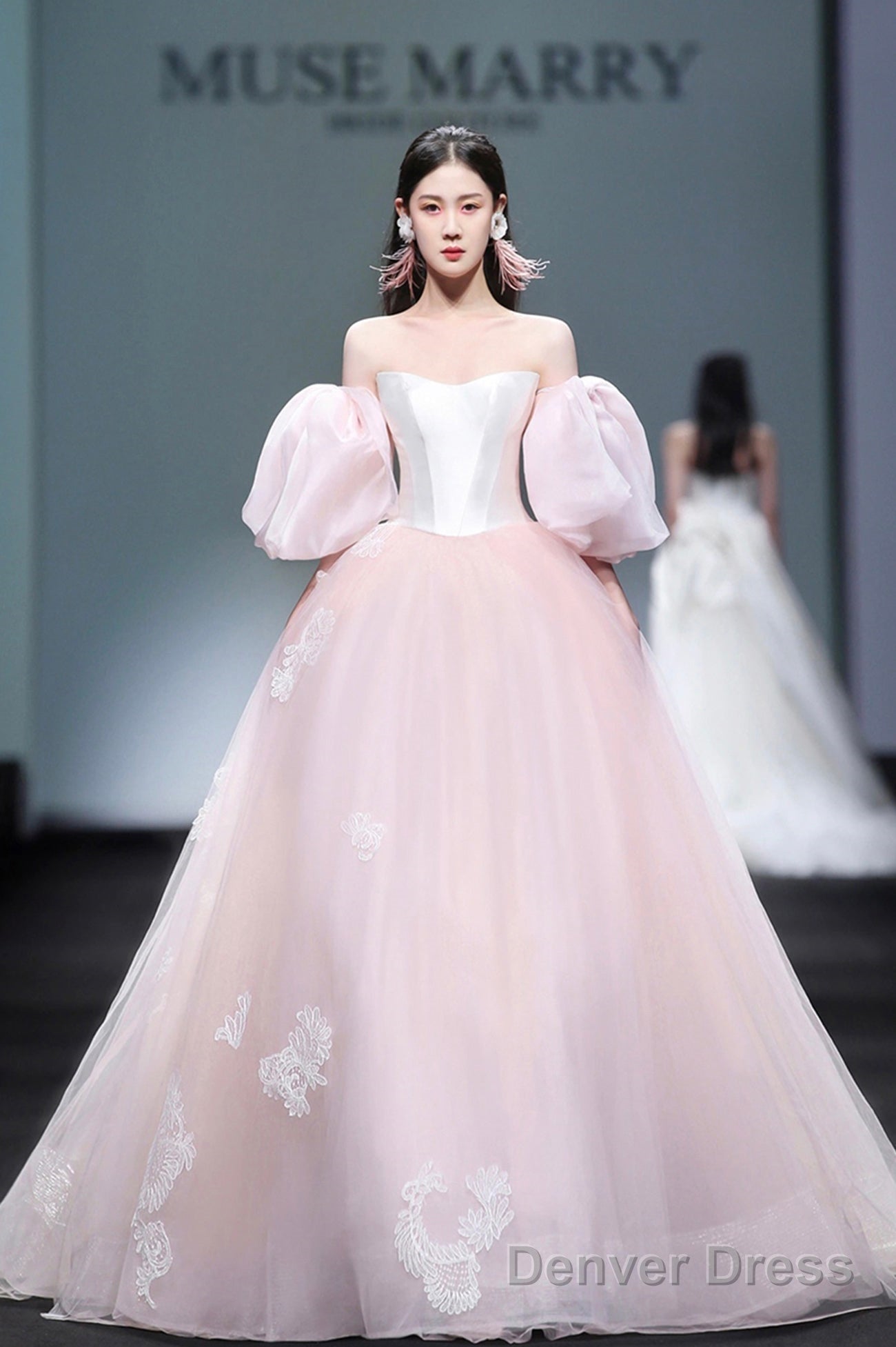 Pink Tulle Lace Long A-Line Princess Dress, Cute Puff Sleeve Sweet 16 Dress Secondary image