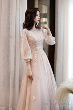 Pink Tulle Lace Long A-Line Prom Dresses, Long Sleeve Evening Dresses
