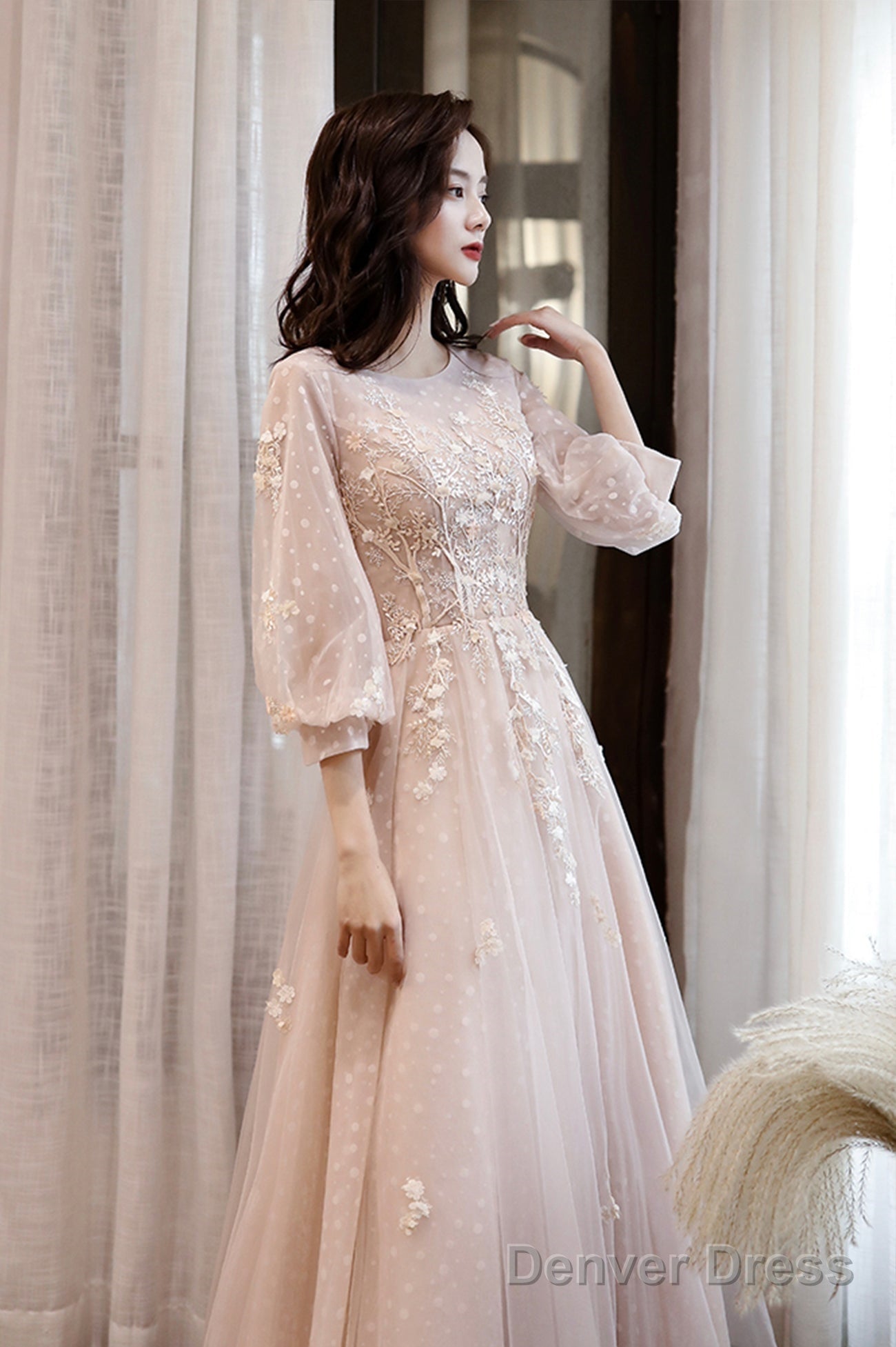 Pink Tulle Lace Long A-Line Prom Dresses, Long Sleeve Evening Dresses