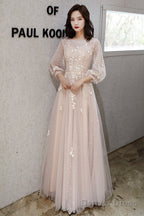 Pink Tulle Lace Long A-Line Prom Dresses, Long Sleeve Evening Dresses