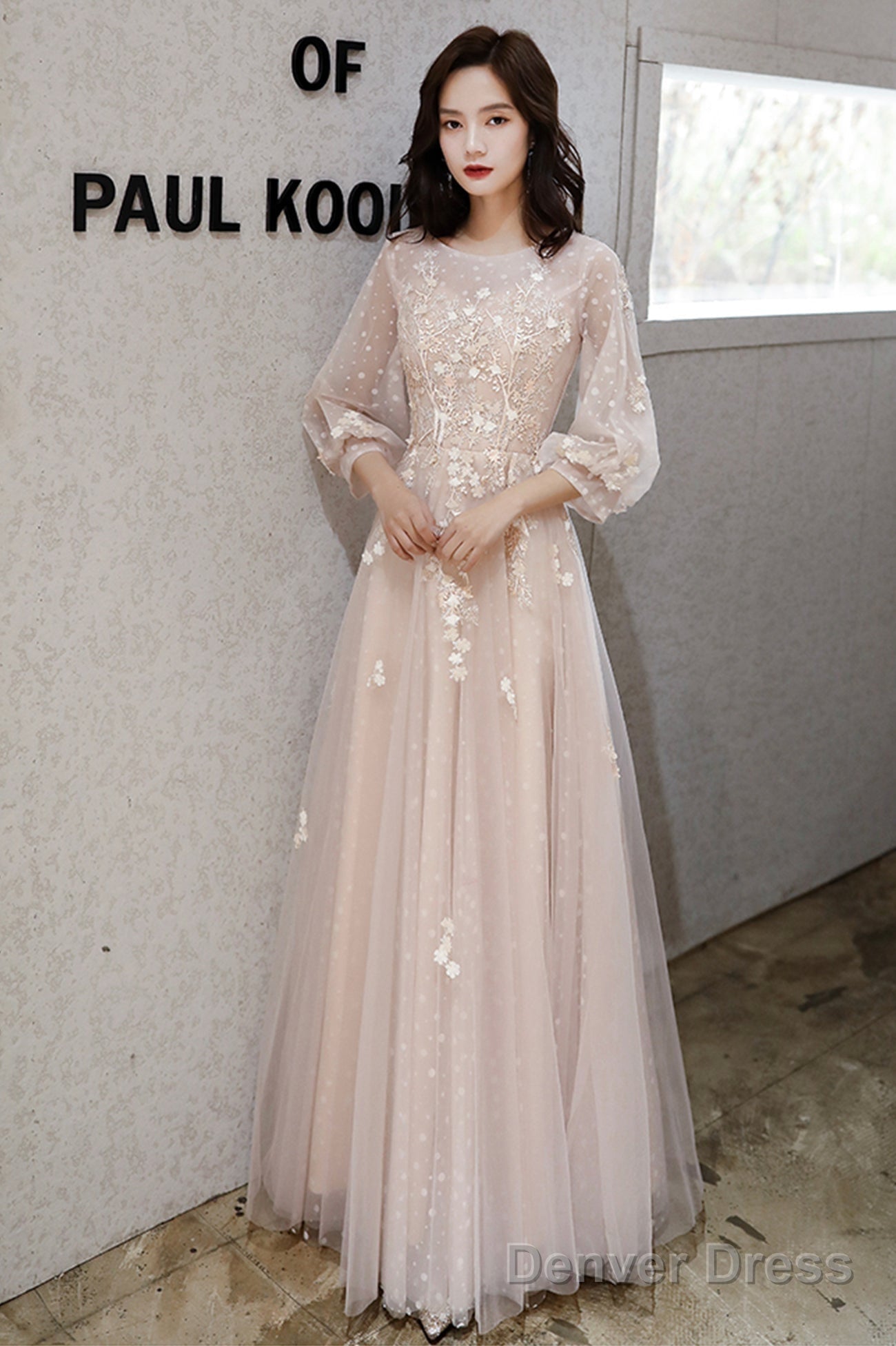 Pink Tulle Lace Long A-Line Prom Dresses, Long Sleeve Evening Dresses