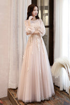 Pink Tulle Lace Long A-Line Prom Dresses, Long Sleeve Evening Dresses
