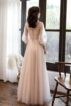 Pink Tulle Lace Long A-Line Prom Dresses, Long Sleeve Evening Dresses