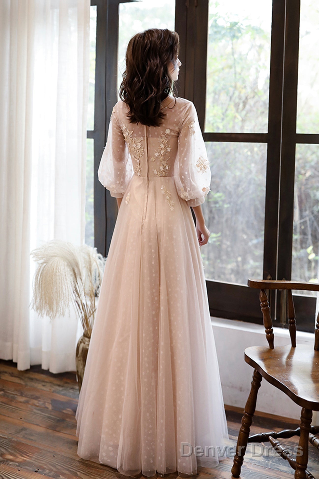 Pink Tulle Lace Long A-Line Prom Dresses, Long Sleeve Evening Dresses