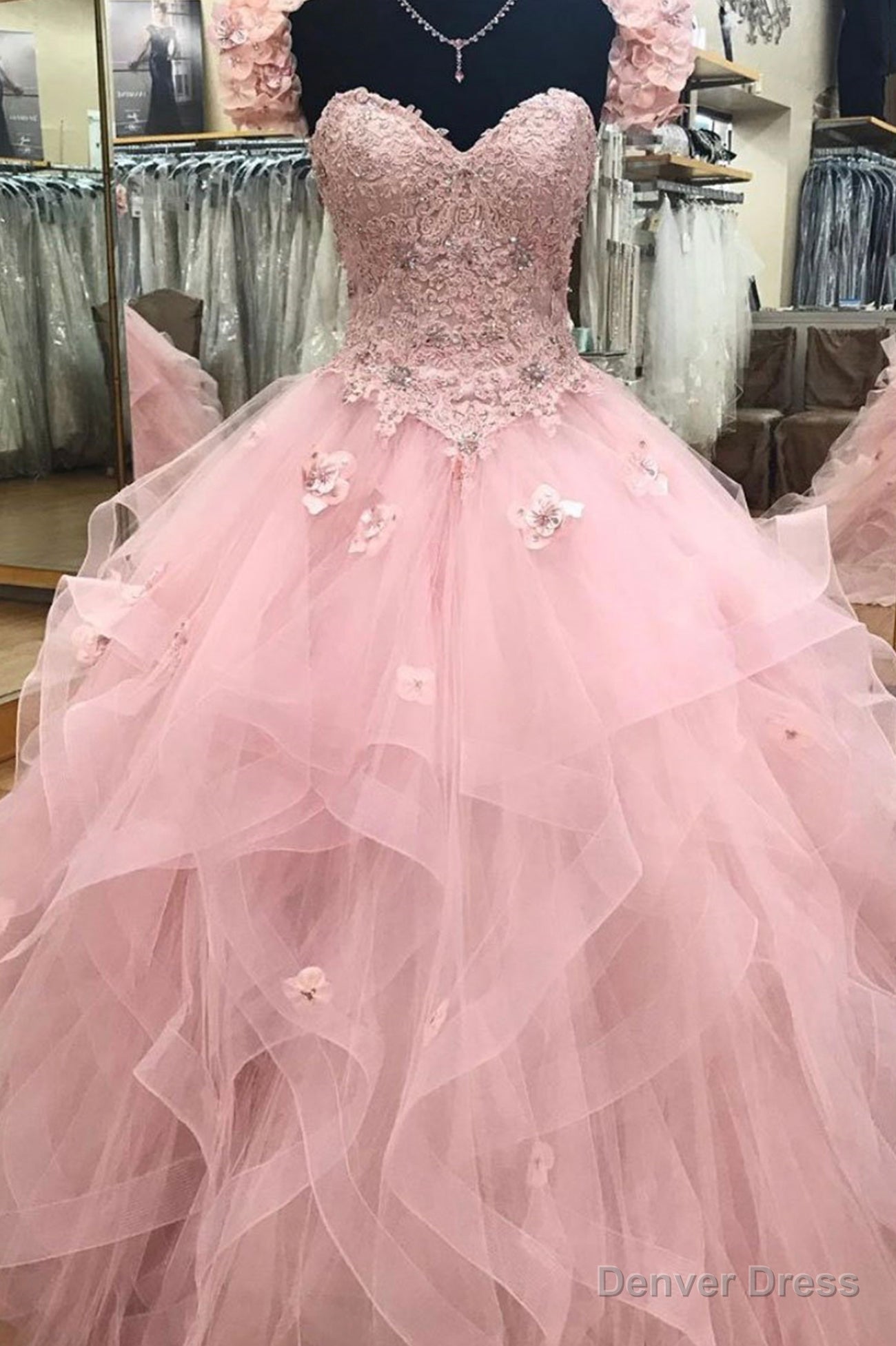 Pink Tulle Lace Long Ball Gowns, A Line Strapless Prom Dress Sweet 16 Dresses