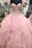 Pink Tulle Lace Long Ball Gowns, A Line Strapless Prom Dress Sweet 16 Dresses