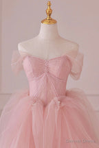 Pink Tulle Lace Long Prom Dress, A Line Off Shoulder Pink Prom Dresses