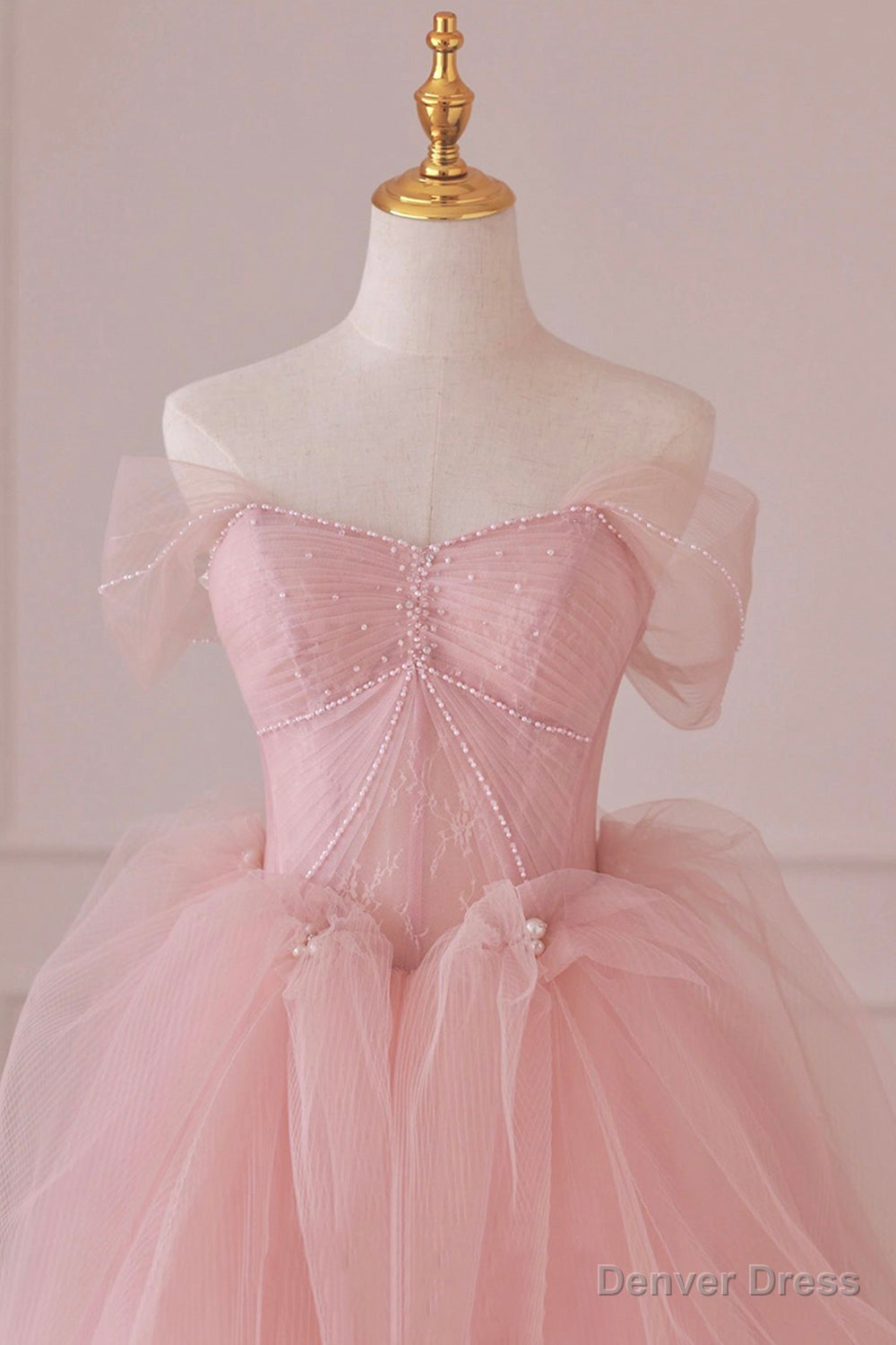 Pink Tulle Lace Long Prom Dress, A Line Off Shoulder Pink Prom Dresses