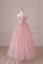 Pink Tulle Lace Long Prom Dress, A Line Off Shoulder Pink Prom Dresses