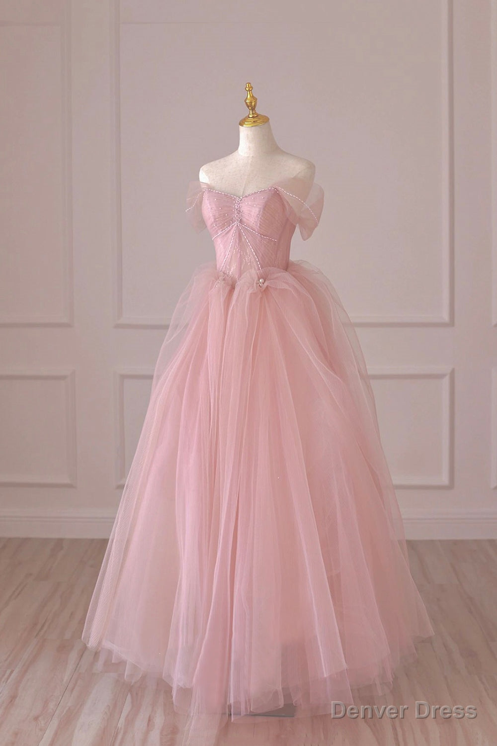 Pink Tulle Lace Long Prom Dress, A Line Off Shoulder Pink Prom Dresses