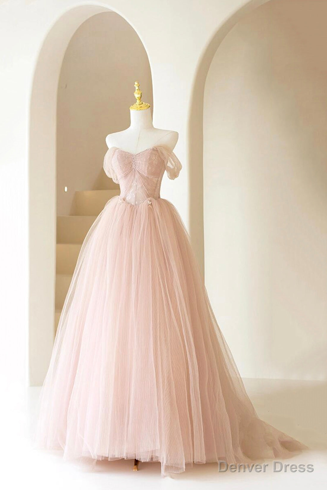 Pink Tulle Lace Long Formal Dress, Beautiful A-Line Off Shoulder Pink Prom Dress Main image