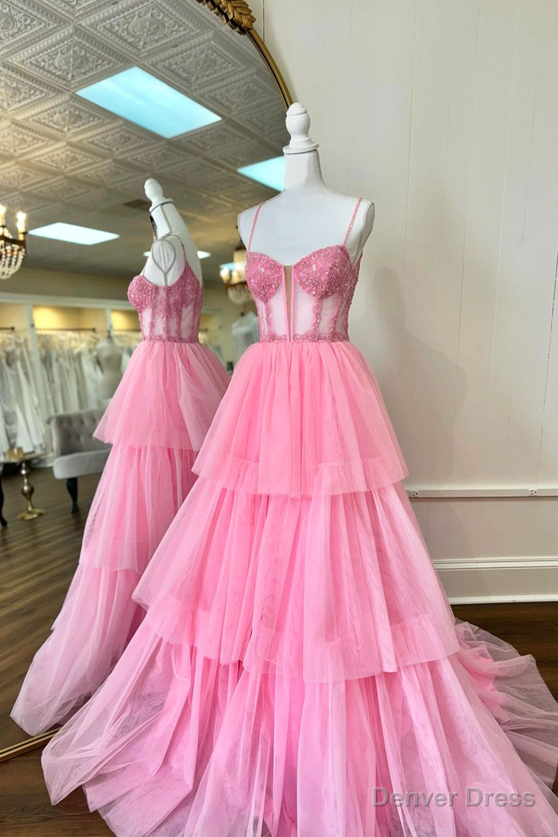 Pink Tulle Lace Long Prom Dress, A Line Spaghetti Strap Prom Dresses Main image