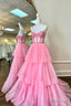Pink Tulle Lace Long Prom Dress, A Line Spaghetti Strap Prom Dresses