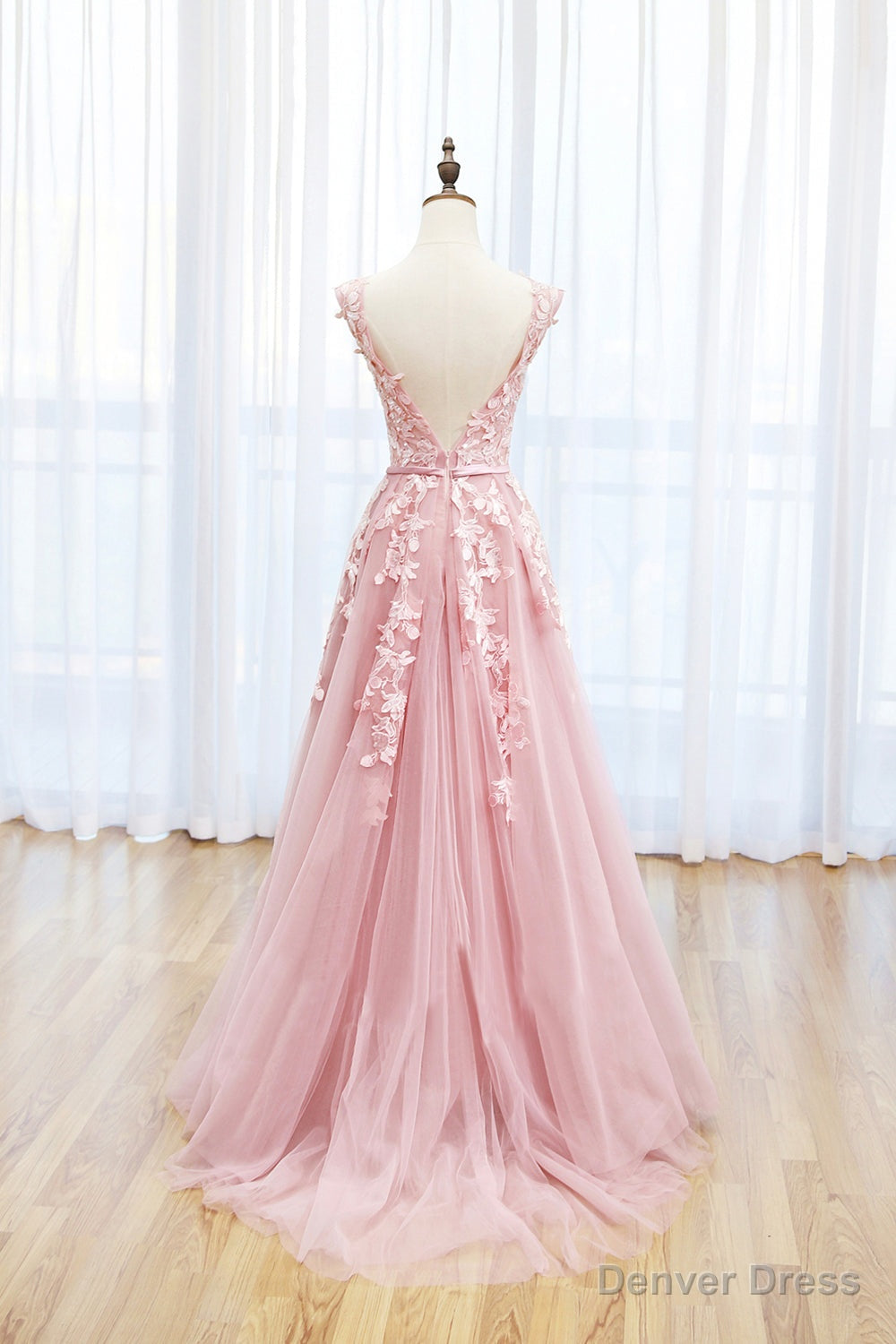 Pink Tulle Lace Long Prom Dress, Lovely A-Line Open Back Evening Dress Secondary image