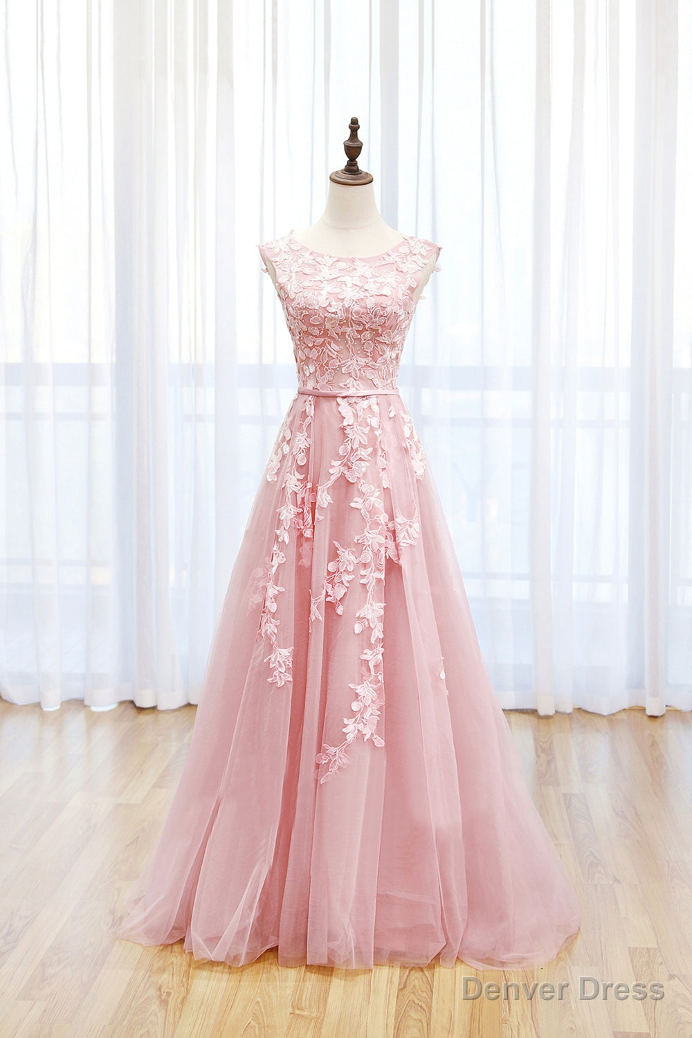 Pink Tulle Lace Long Prom Dress, Lovely A-Line Open Back Evening Dress