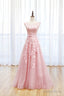 Pink Tulle Lace Long Prom Dress, Lovely A-Line Open Back Evening Dress