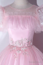 Pink Tulle Lace Long Prom Dress, Lovely A-Line Short Sleeve Evening Dress