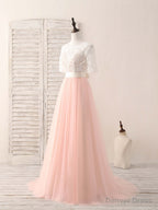 Pink Tulle Lace Long Prom Dress Pink Bridesmaid Dress