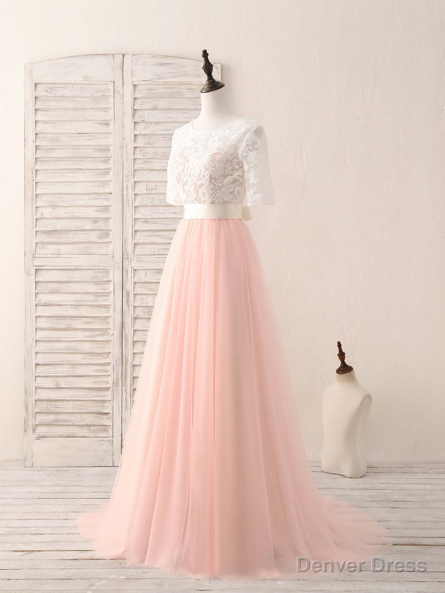 Pink Tulle Lace Long Prom Dress Pink Bridesmaid Dresses Secondary image