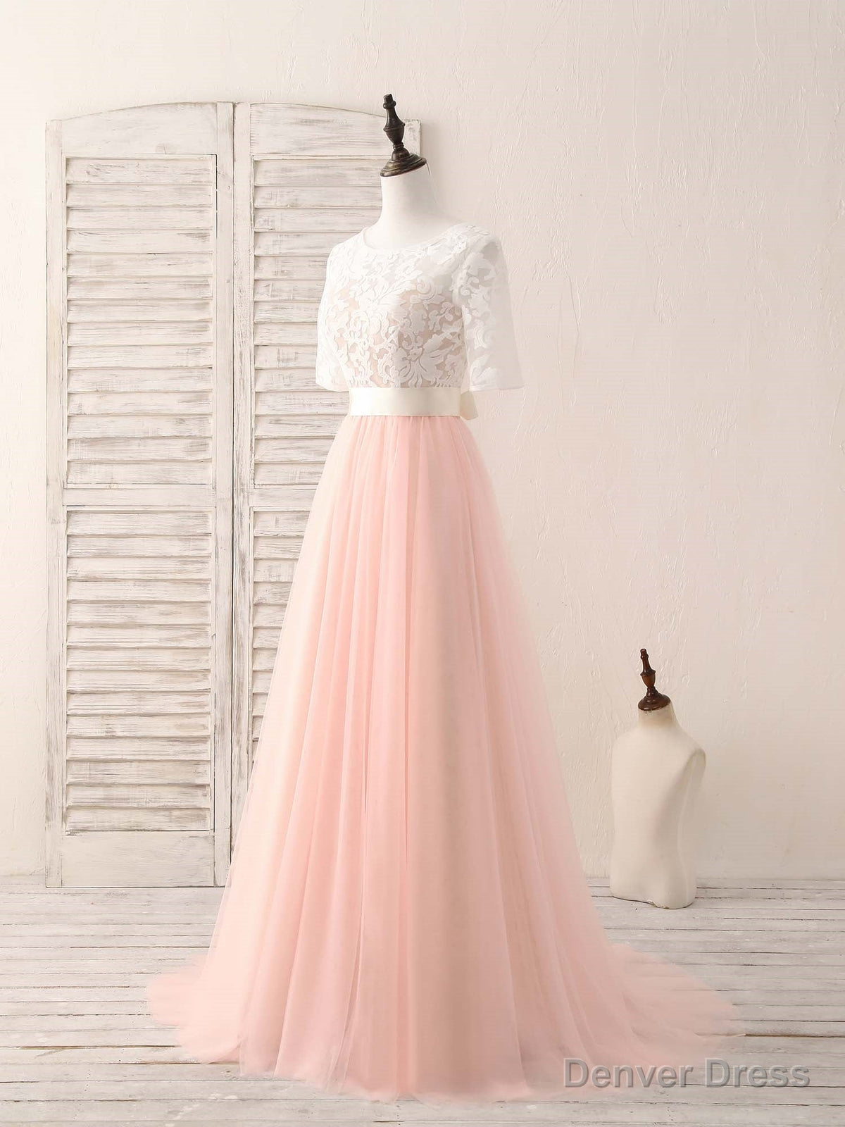 Pink Tulle Lace Long Prom Dress Pink Bridesmaid Dresses