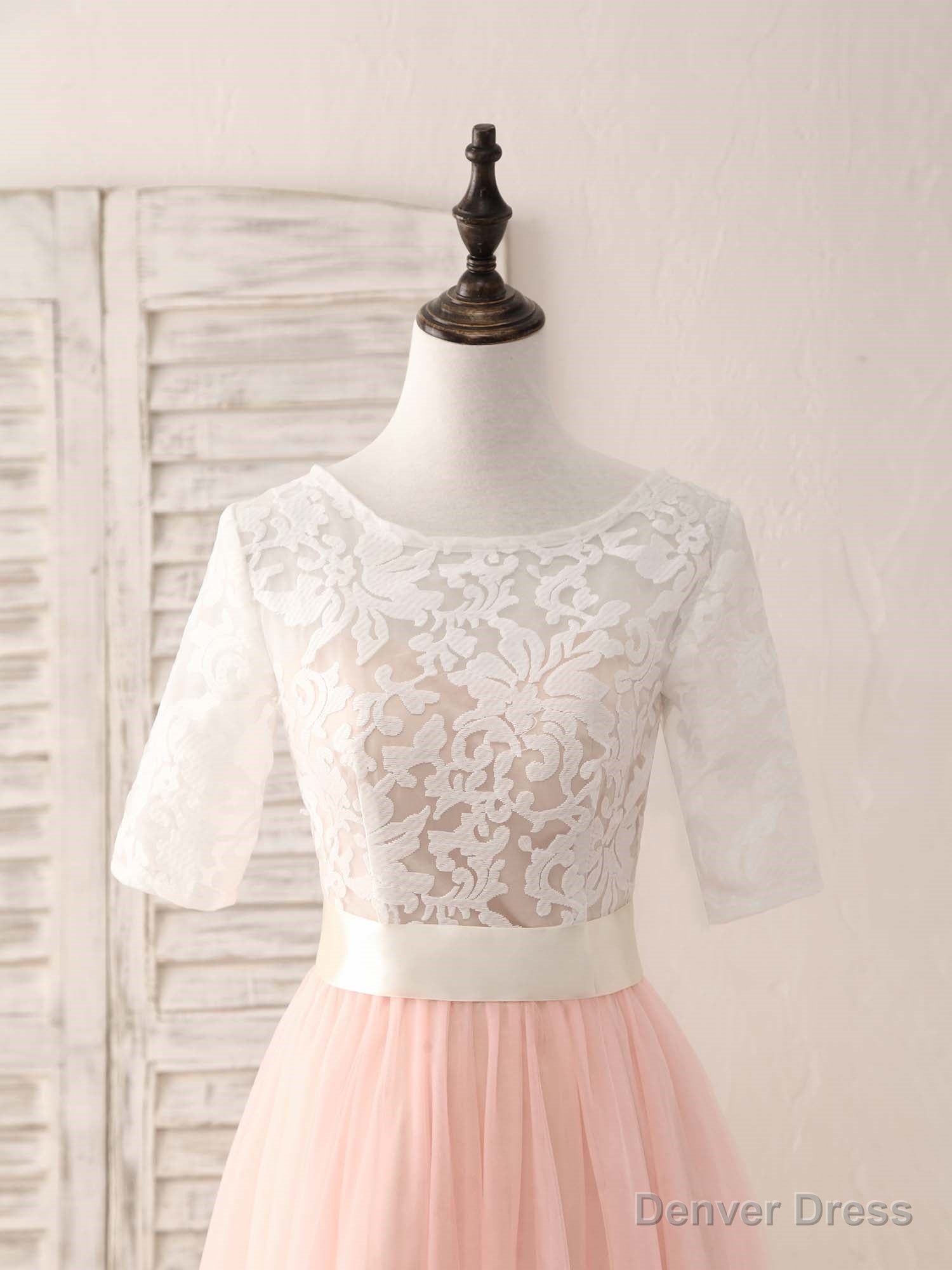 Pink Tulle Lace Long Prom Dress Pink Bridesmaid Dress