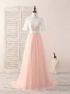 Pink Tulle Lace Long Prom Dress Pink Bridesmaid Dress