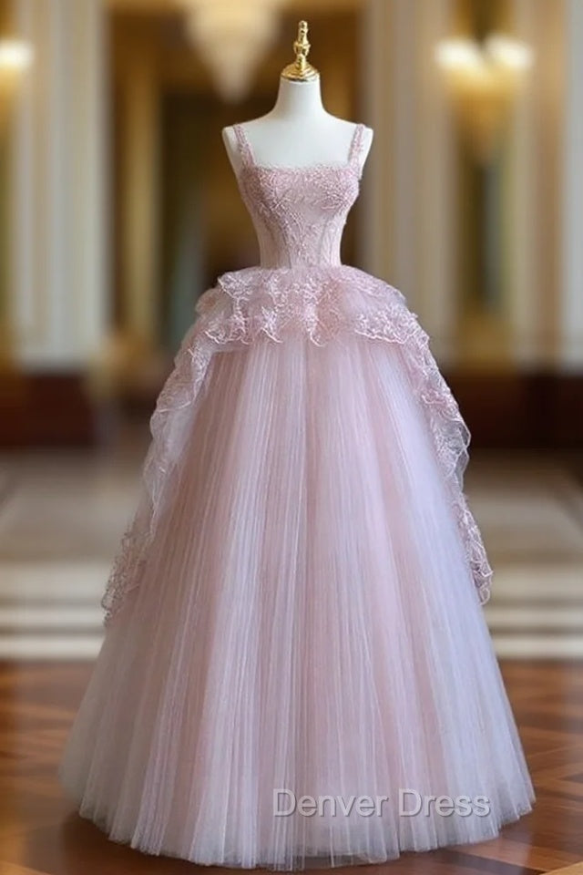 Pink tulle lace long prom Dress, pink Prom Dresses