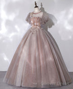 Pink Tulle Lace Long Prom Dress Pink Lace Prom Gown