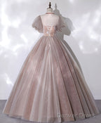 Pink Tulle Lace Long Prom Dress Pink Lace Prom Gown