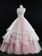 Pink Tulle Lace Long Prom Dresses, Pink Sweet 16 Dresses