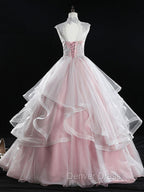 Pink Tulle Lace Long Prom Dresses, Pink Sweet 16 Dresses