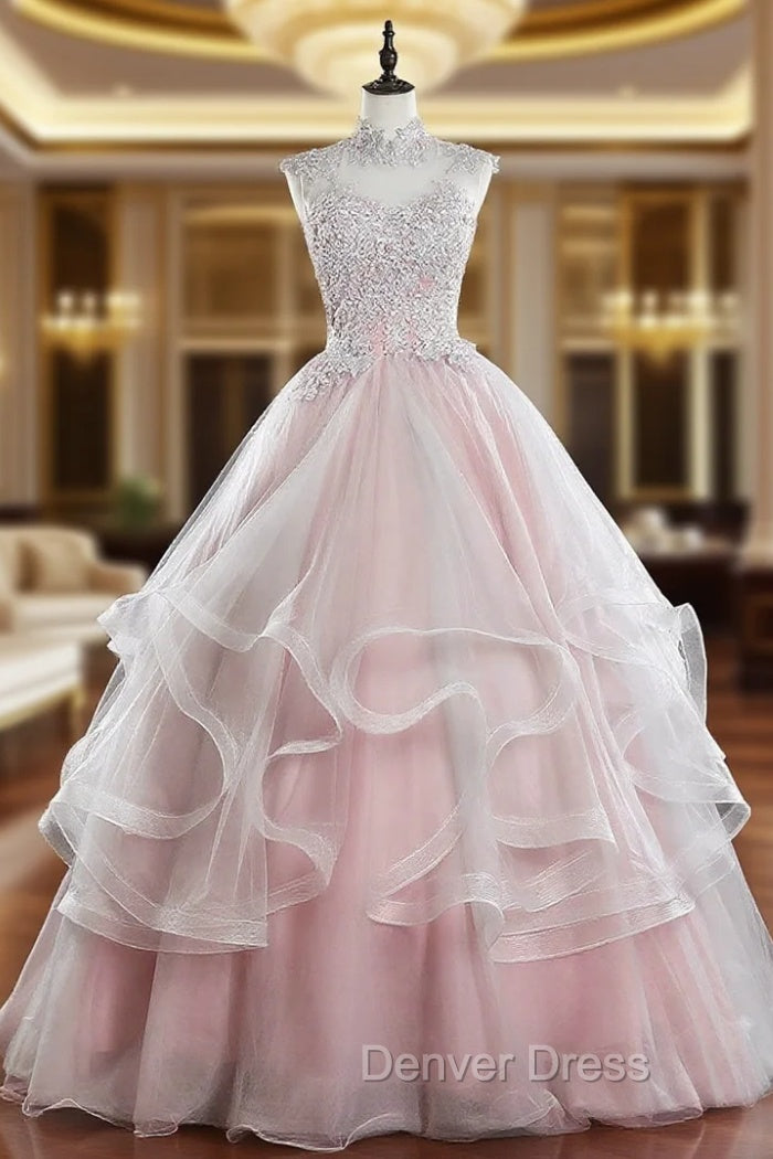Pink Tulle Lace Long Prom Dresses, Pink Sweet 16 Dresses Main image