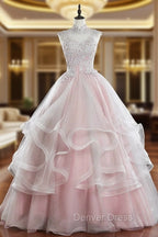Pink Tulle Lace Long Prom Dresses, Pink Sweet 16 Dresses