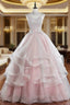 Pink Tulle Lace Long Prom Dresses, Pink Sweet 16 Dresses