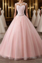 Pink tulle lace long prom Dress, pink tulle Prom Dresses