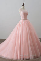 Pink tulle lace long prom Dress, pink tulle Prom Dresses