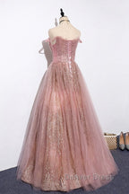 Pink tulle lace long prom Dress pink tulle Prom Dresses