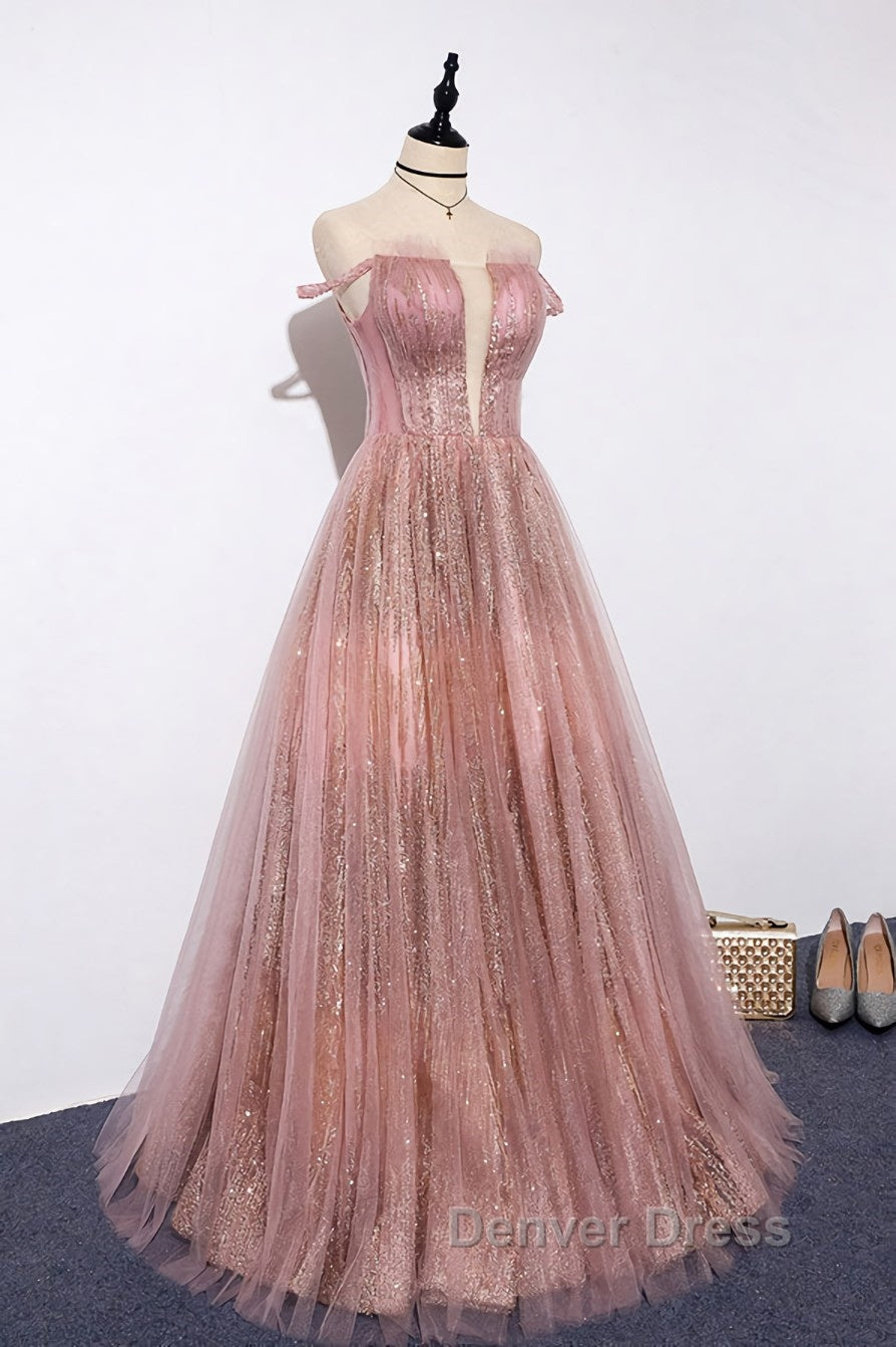 Pink tulle lace long prom Dress pink tulle Prom Dresses