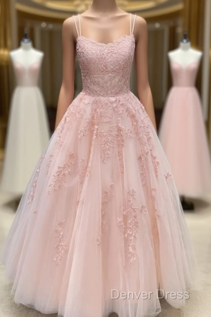 Pink Tulle Lace Long Prom Dresses, Pink Tulle Lace Evening Dresses Main image