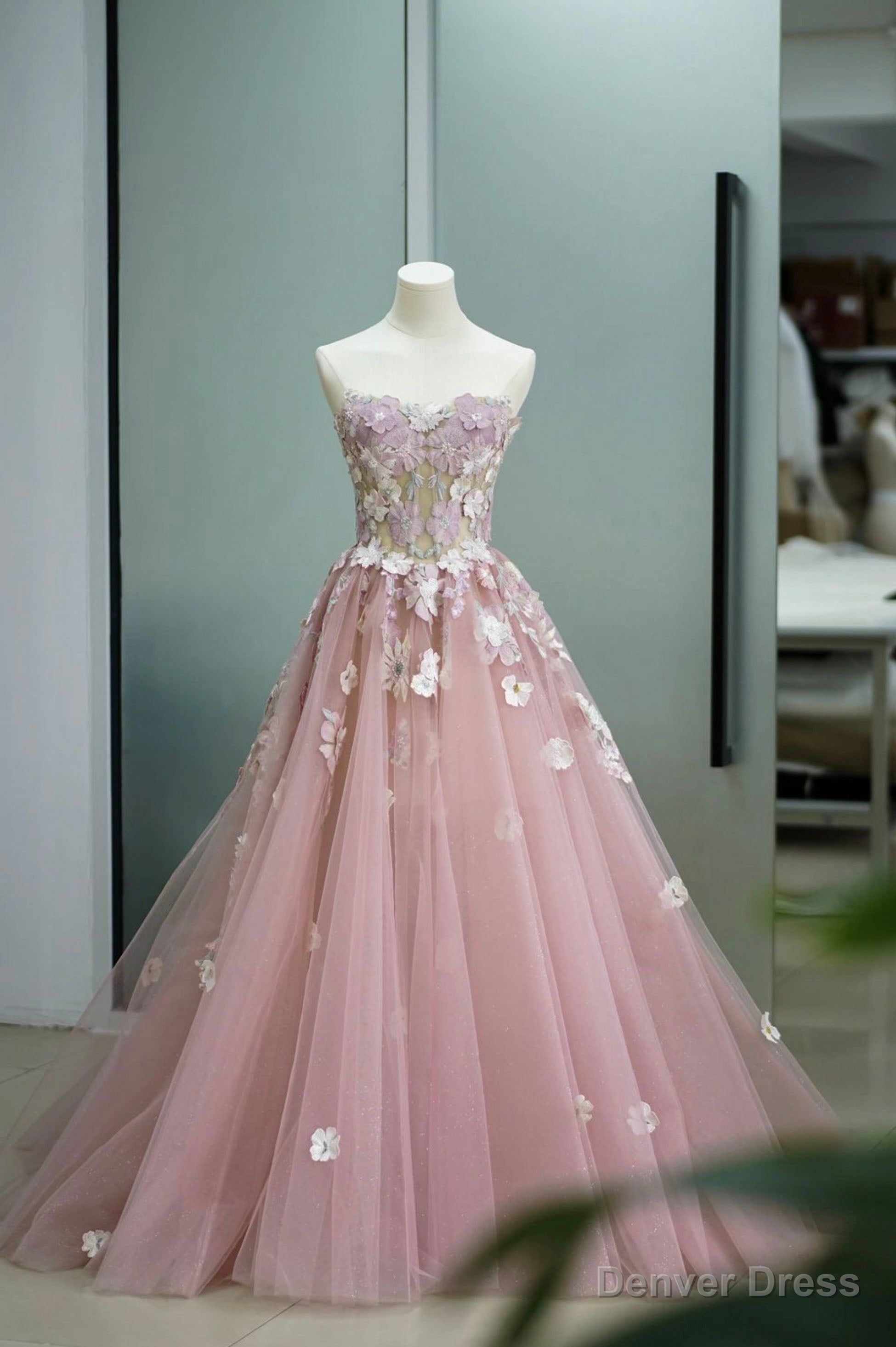 Pink Tulle Lace Long Prom Dress, Strapless A Line Prom Graduation Dresses