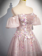 Pink Tulle Lace Long Prom Dress With Beaded, A-Line Off The Shoulder Evening Party Dress