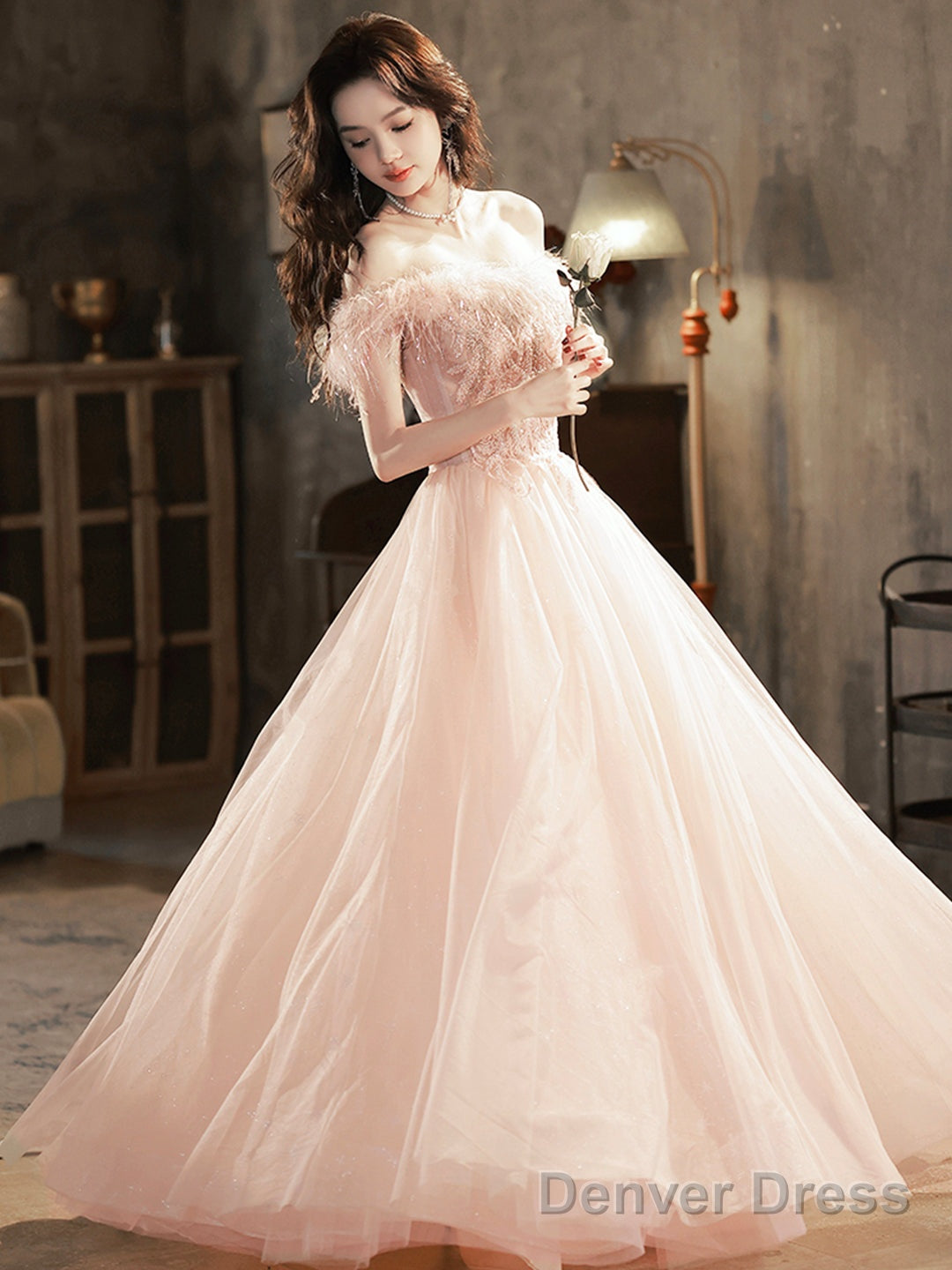 Pink Tulle Lace Long Prom Dress With Feathers, Off Shoulder Pink Evening Dress