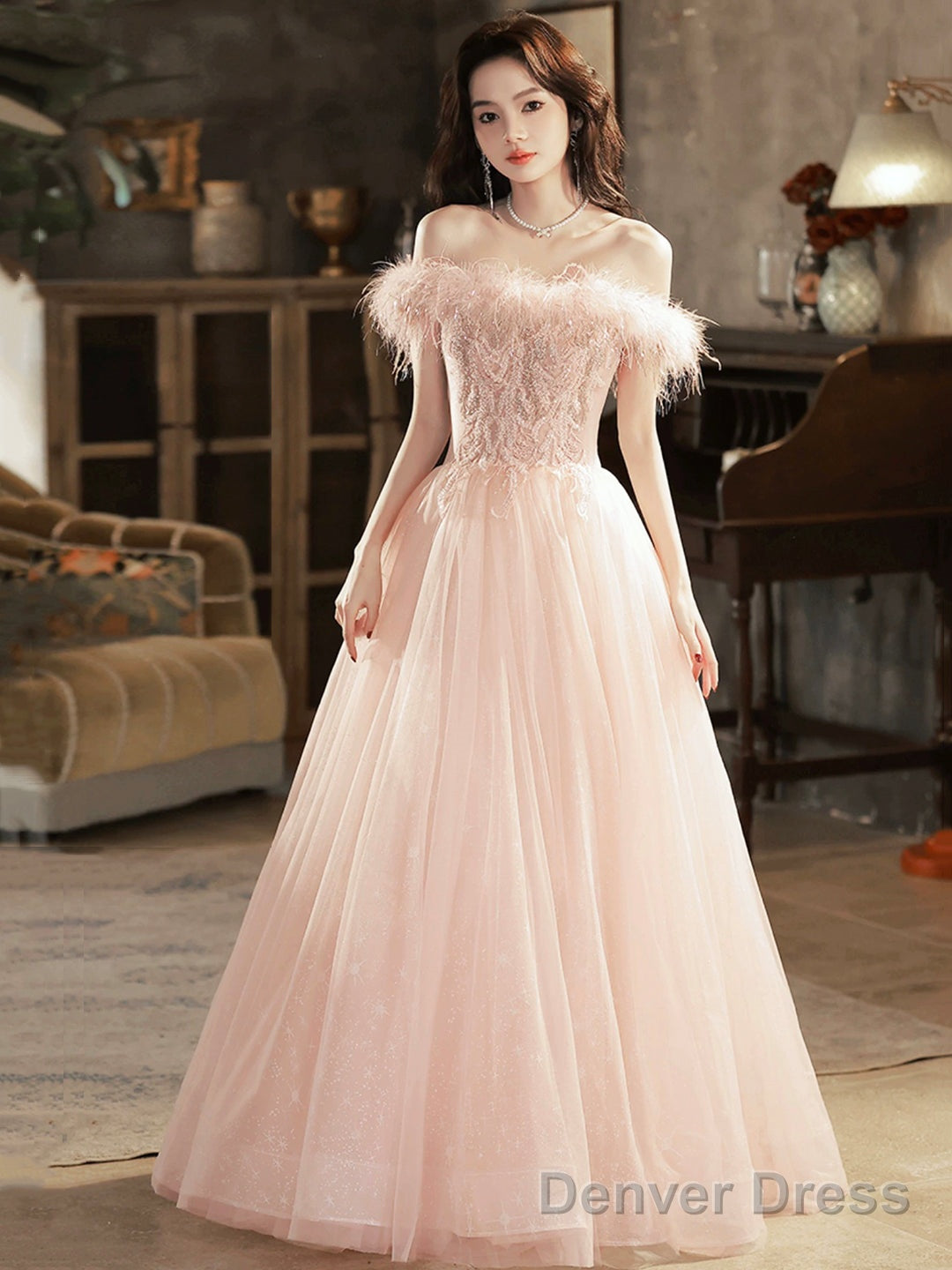 Pink Tulle Lace Long Prom Dress With Feathers, Off Shoulder Pink Evening Dress Main image